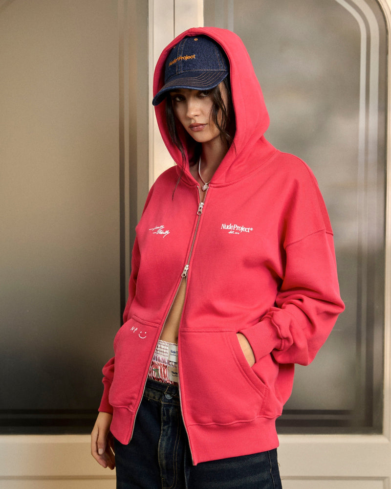 GLOBAL SOON ZIP-UP HOODIE RASPBERRY