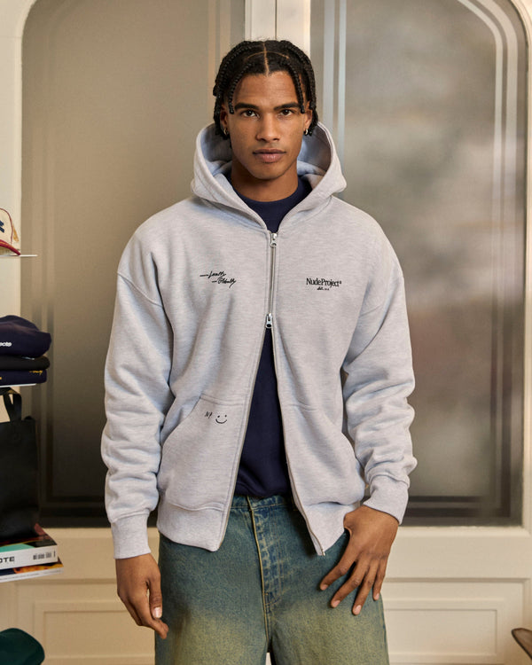 GLOBAL SOON ZIP-UP HOODIE GREY MELANGE